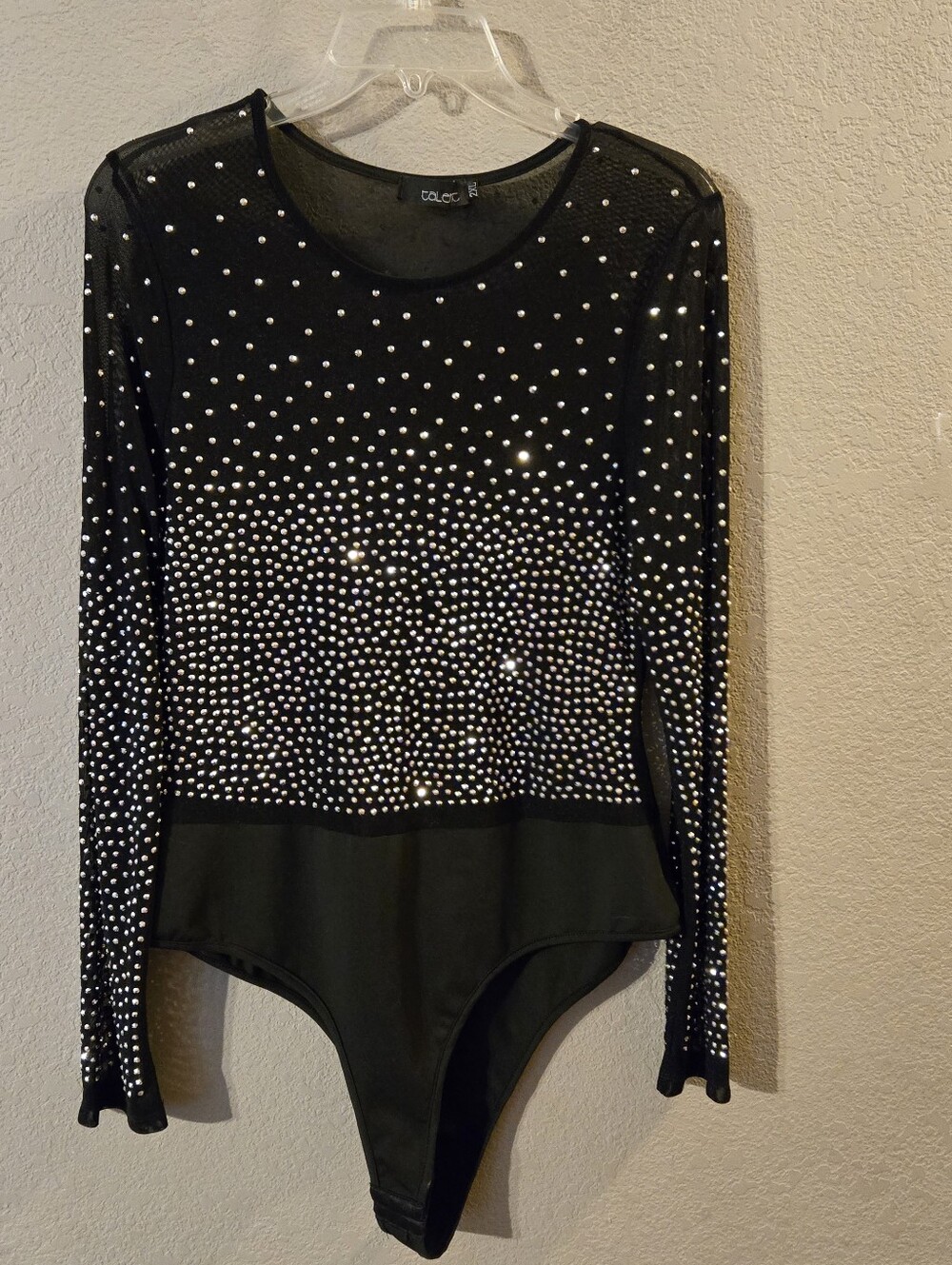 Talent Womens Black Long Sleeve Bodysuit Top Sheer Silver Rhinestone Studs 2XL